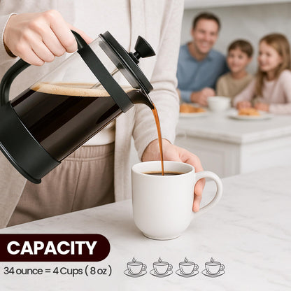 KICHLY - 34 Ounce French Press Espresso and Tea Maker with Triple Filters, Stainless Steel Plunger and Heat Resistant Borosilicate Glass, Black - Available at All In One Marketplace Canada