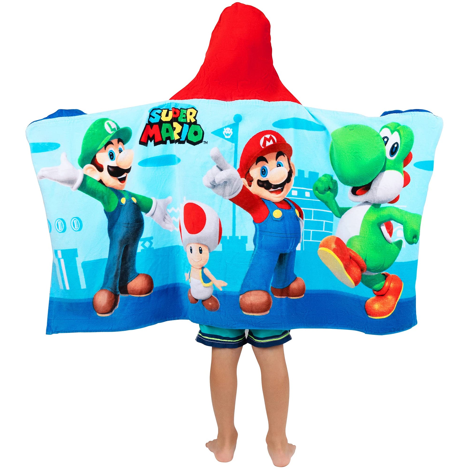 Franco Kids Bath and Beach Super Soft Cotton Hooded Towel Wrap, 24 in x 50 in, Super Mario Franco