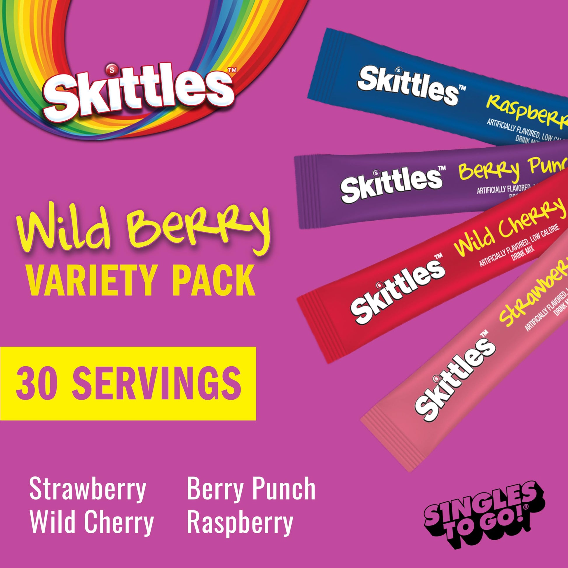 SINGLES TO GO! Skittles 30 Count Singles To Go Wild Berry Variety Pack, Powdered Drink Mix, Zero Sugar, Low Calorie, Includes 4 Flavors, Total Servings