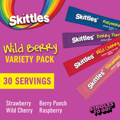 SINGLES TO GO! Skittles 30 Count Singles To Go Wild Berry Variety Pack, Powdered Drink Mix, Zero Sugar, Low Calorie, Includes 4 Flavors, Total Servings