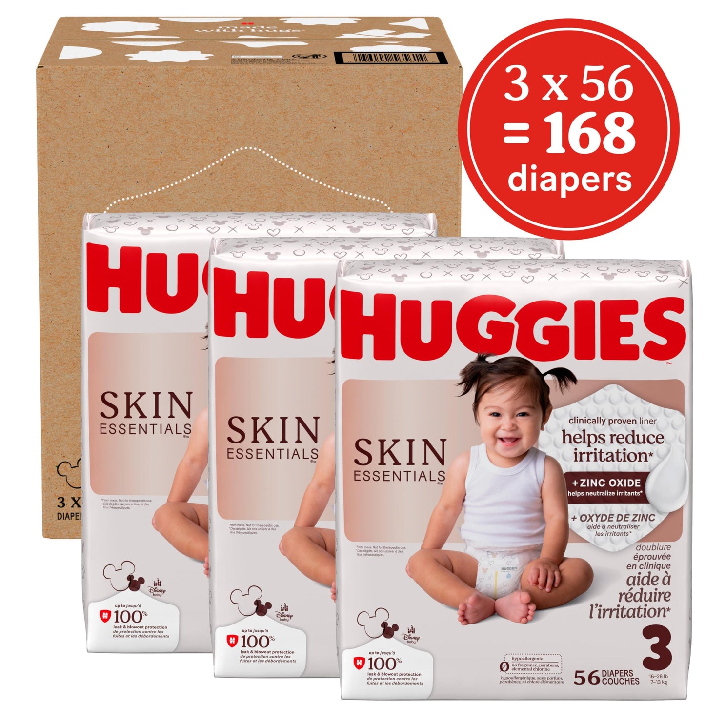 Huggies Size 3 Diapers, Skin Essentials Baby Diapers, Size 3 (16-28 lbs), 168 Count (3 Packs of 56), Packaging May Vary