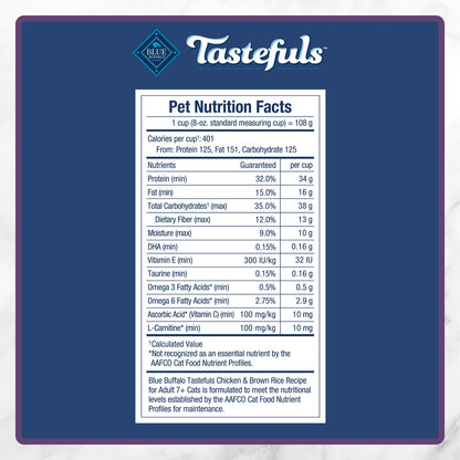 Blue Buffalo Tastefuls Chicken & Brown Rice Recipe Mature Dry Cat Food for Adult Cats 7+, Real Chicken First, Deliciously Healthy Natural Senior Cat Food with Fish Oil & Natural Ingredients, 3.1kg