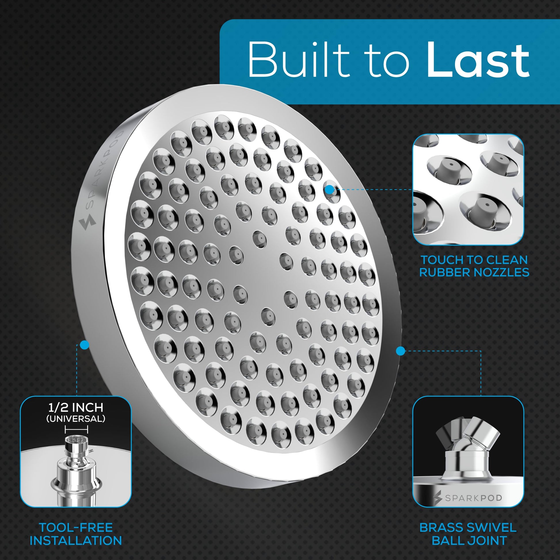 SparkPod Shower Head - High Pressure Rain - Premium Quality Luxury Design - 1-Min Install - Easy Clean Adjustable Replacement for Your Bathroom Shower Heads (Luxury Polished Chrome, 6 Inch Round) - Available at All In One Marketplace Canada