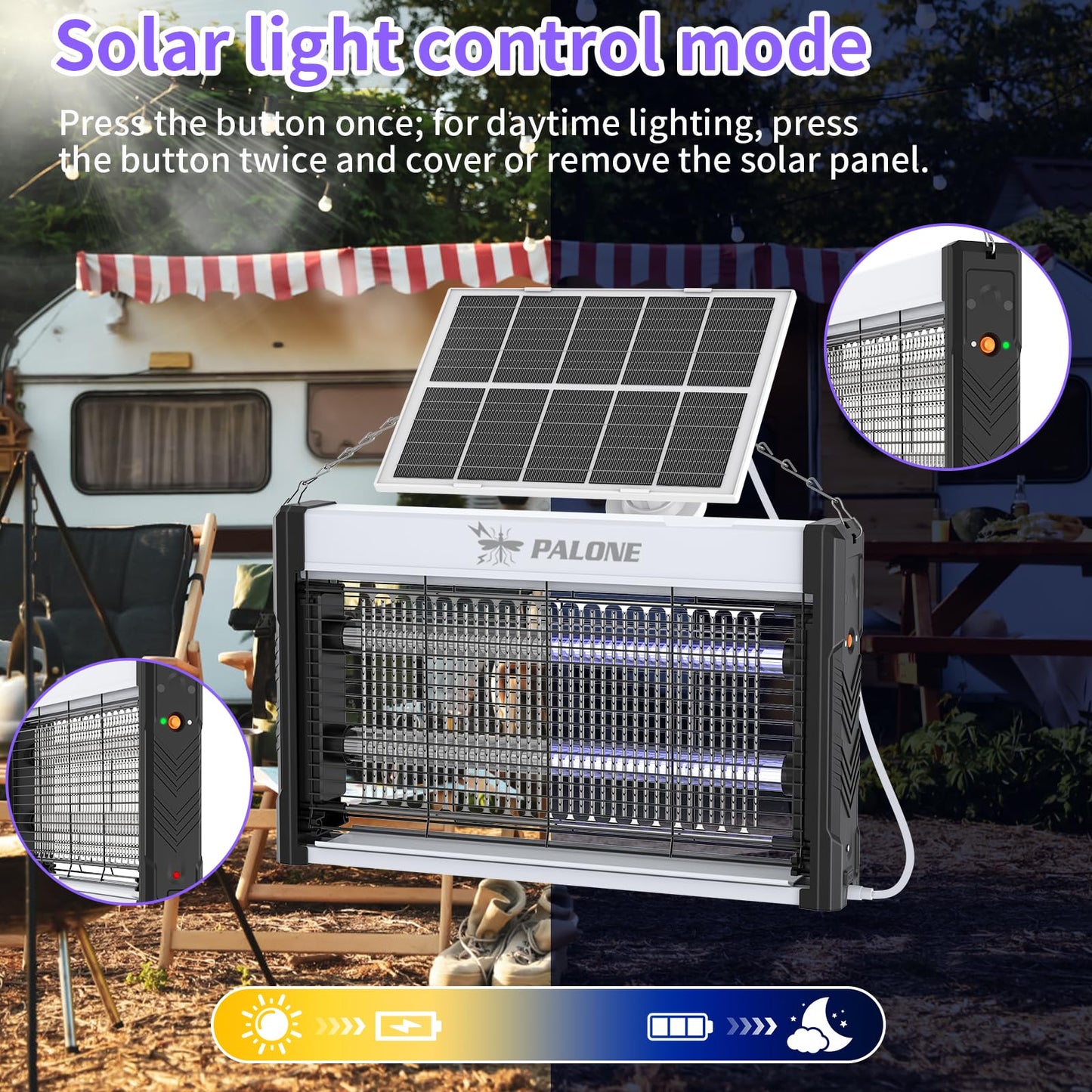 PALONE Solar Bug Zapper, 4000V Electric Bug Zapper with 8W Solar Panel, Rechargeable Bug Zapper with LED Light, Fly Zapper with Fireproof Waterproof, Indoor Outdoor Zapper for Kitchen,Camping,Patio