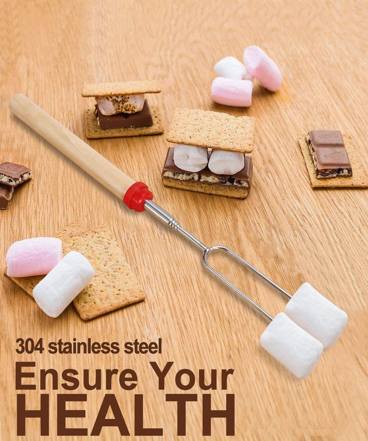 Marshmallow Roasting Sticks, Roasting Sticks with Wooden Handle 32 Inch Extendable BBQ Forks Telescoping Sticks Telescopic Stainless Steel Skewers for Grilling,Campfire (10)
