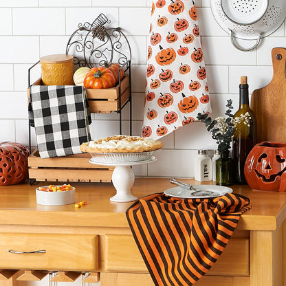 Lot de 3 torchons de cuisine décoratifs DII pour Halloween, motifs effrayants et amusants, coton imprimé, 46 x 71 cm, motif carreaux style buffalo noir et blanc/rayures orange