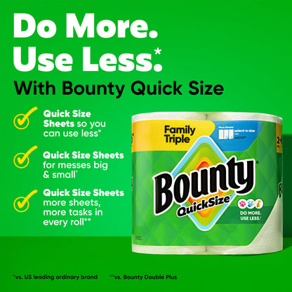 Bounty Paper Towels Quick Size, White, 6 Family Triple Rolls = 20+ Regular Rolls