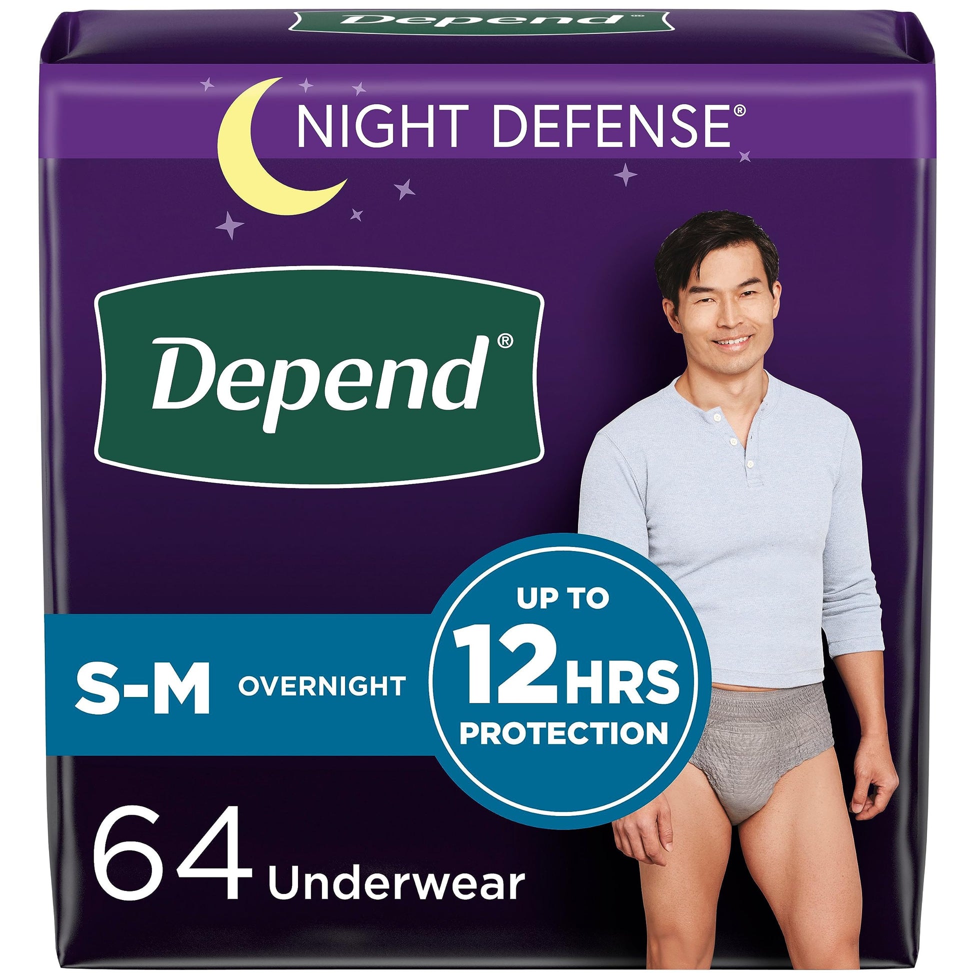 Depend Night Defense Adult Incontinence Underwear for Men, Disposable, Overnight, Small/Medium, Grey, 64 Count Depend