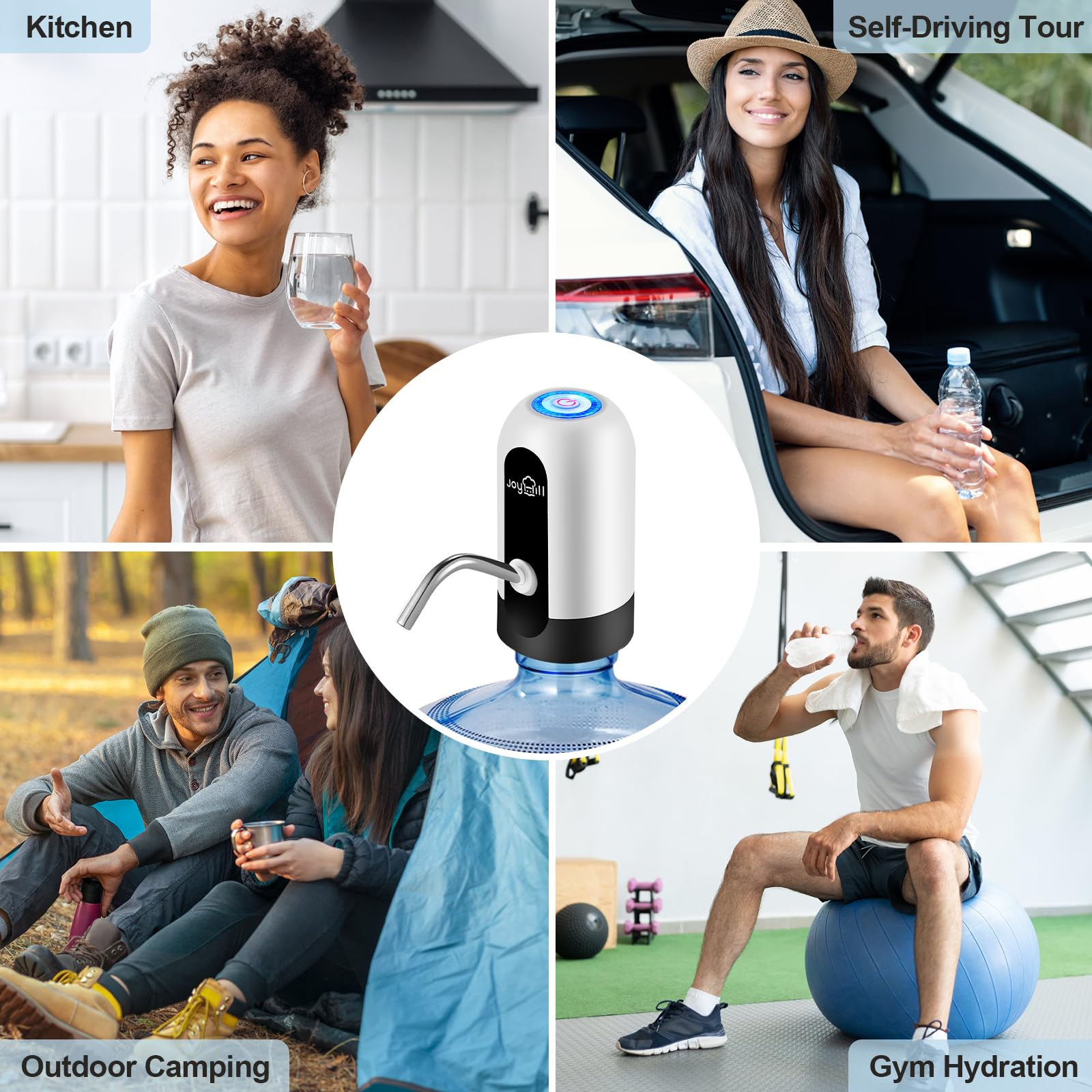 JOYHILL Water Bottle Pump, Automatic Drinking Water Pump, USB Charging, 3-5 Gallon Bottle Compatible, Portable Electric Water Jug Pump, Black, Matte Finish