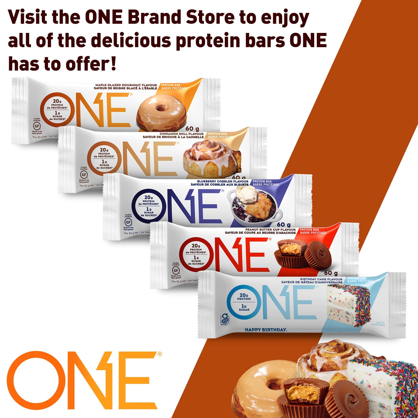 ONE Protein Bars, Maple Glazed Doughnut, Gluten Free Protein Bars with 20g Protein and only 1g Sugar, Snacking for High Protein Diets, 60g (12 Pack) [Packaging May Vary] - Available at All In One Marketplace Canada