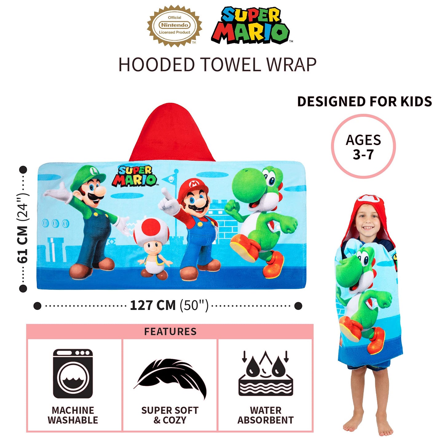 Franco Kids Bath and Beach Super Soft Cotton Hooded Towel Wrap, 24 in x 50 in, Super Mario Franco