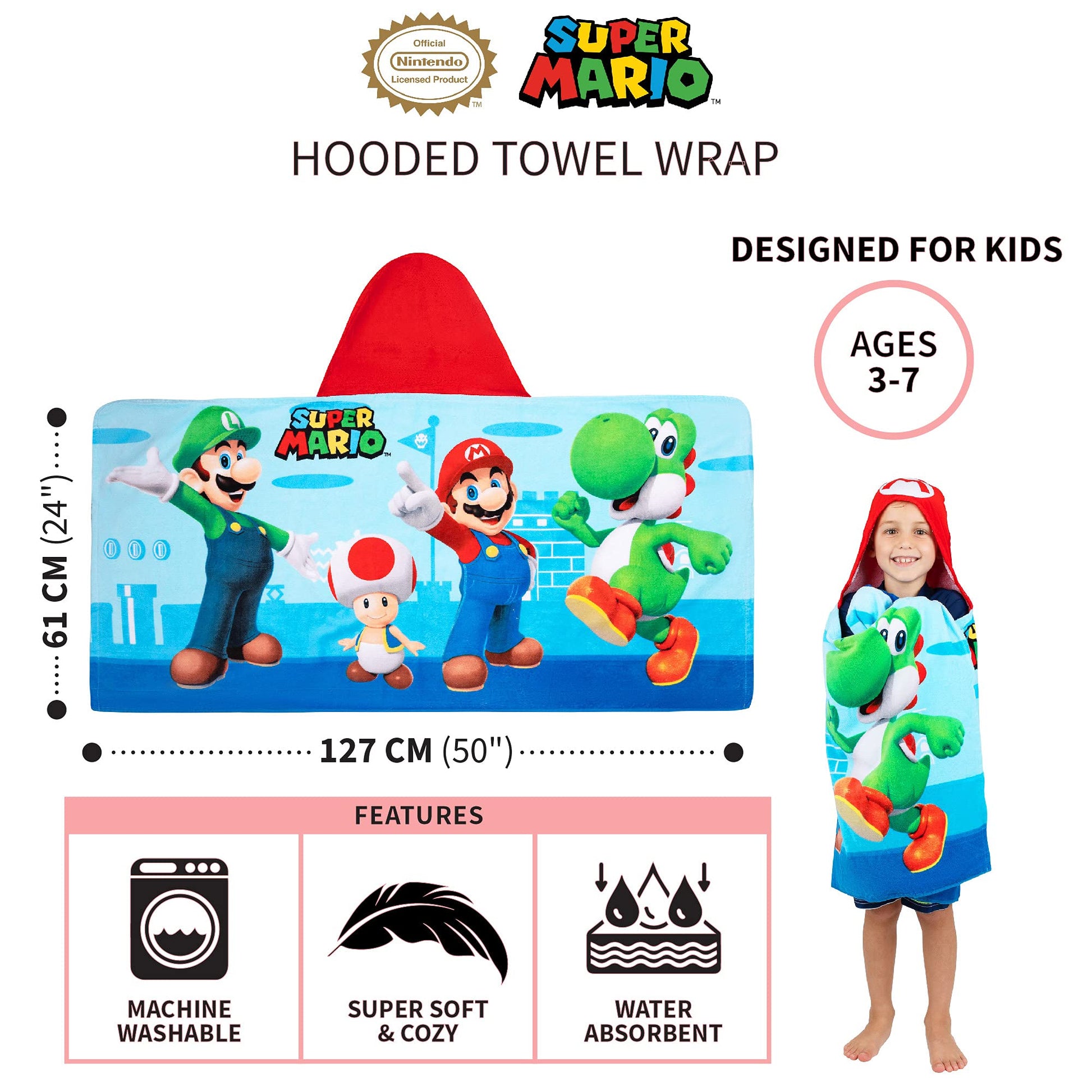 Franco Kids Bath and Beach Super Soft Cotton Hooded Towel Wrap, 24 in x 50 in, Super Mario Franco