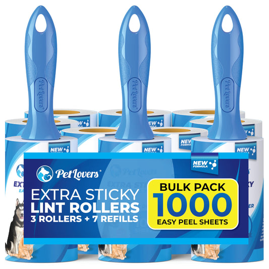 PetLovers Extra Sticky Lint Roller Bulk Value Set 3 Rollers 7 Refills 1,000 Sheets for Pet Hair Removal, Dog and Cat Lint Remover