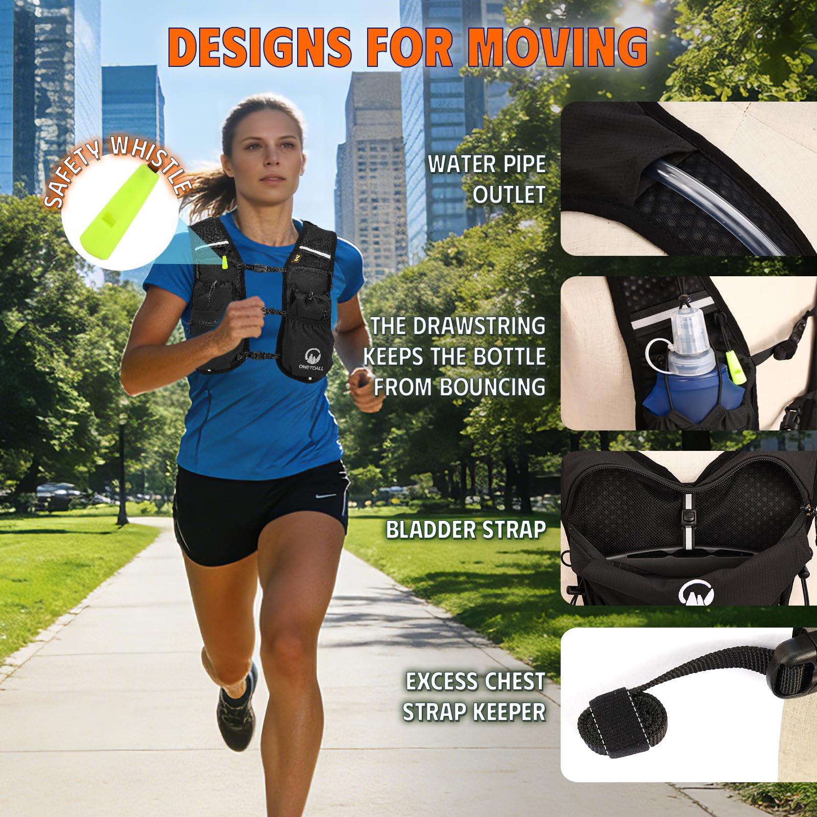 ONETOALL Running Vest for Women & Men, Hydration Backpack 6L - 1x 500ml Flask Included, 16 Reflective Points, Emergency Whistle, Lightweight Breathable for Trail Running, Hiking (Black) - Available at All In One Marketplace Canada