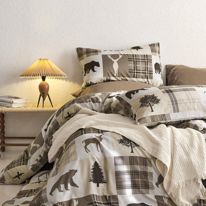Wake In Cloud - Rustic Duvet Cover Set, Camping Christmas Farmhouse Western Patchwork Plaid Holiday Lodge Cabin RV Outdoor Wildlife Theme Bedding, 3-Piece, Taupe Brown, Queen Size 🍁 All In One Marketplace Canada