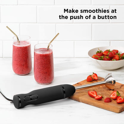 Chefman Immersion Blender, 300W Hand Blender with Stainless Steel Blades, Powerful Electric Ice Crushing 2-speed Control Handheld Food Mixer, Purées, Smoothies, Shakes, Sauces & Soups, Black Chefman