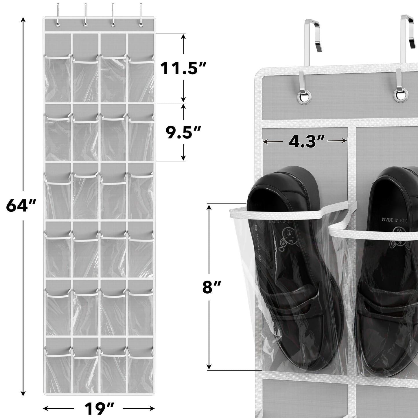 SimpleHouseware Crystal Clear Over The Door Hanging Shoe Organizer, 24 Pockets, Grey (162.6 cm H x 48.6 cm W) - Available at All In One Marketplace Canada