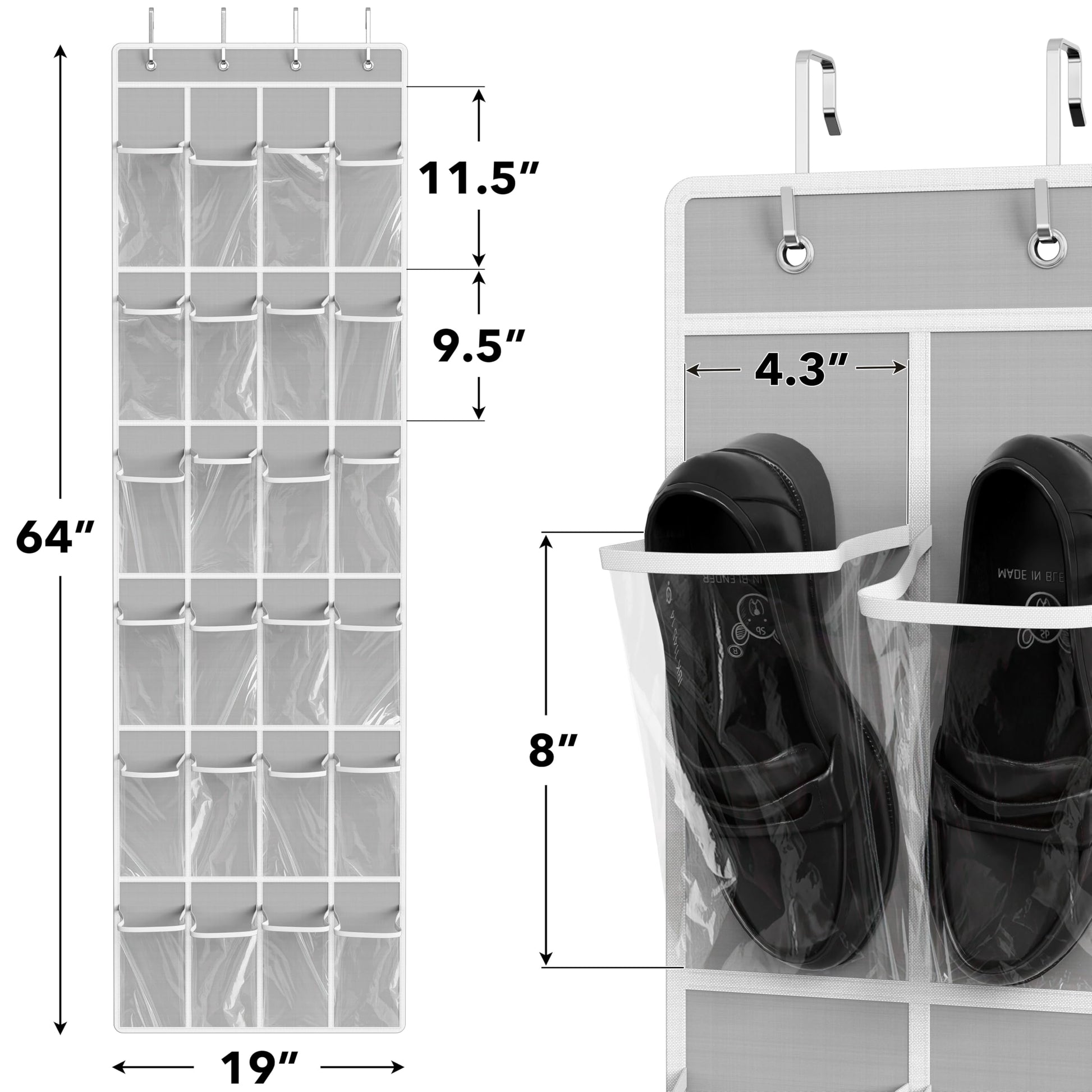 SimpleHouseware Crystal Clear Over The Door Hanging Shoe Organizer, 24 Pockets, Grey (162.6 cm H x 48.6 cm W) - Available at All In One Marketplace Canada