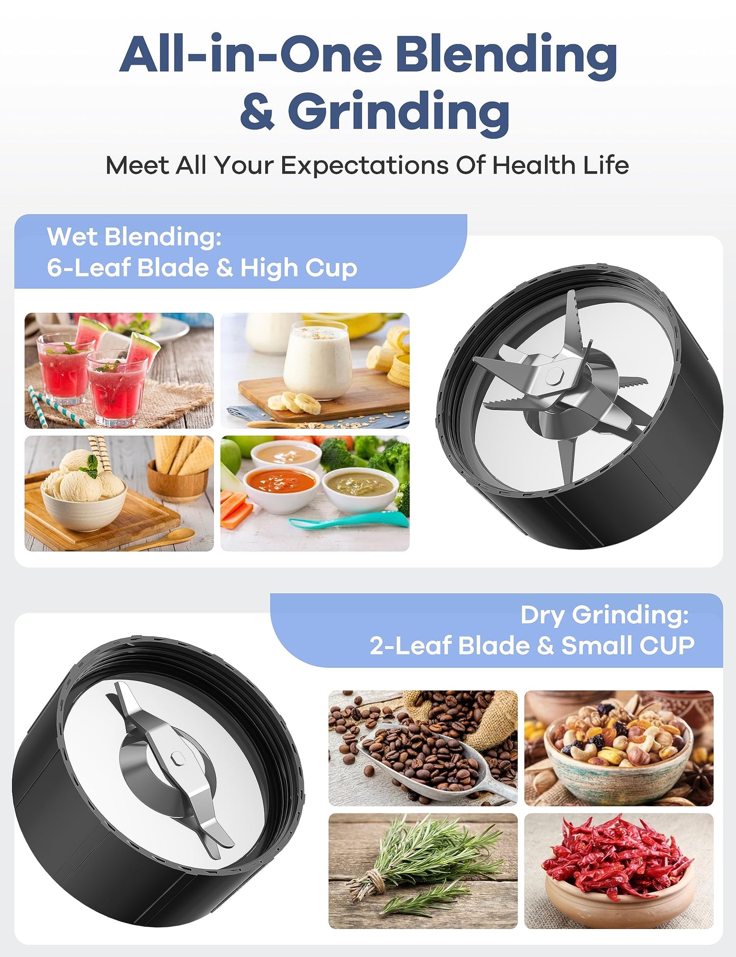 Smoothie Blender, Ganiza Blenders for Smoothies with 15-Piece Blender and Grinder Combo, 4 BPA-Free Personal Blender Cup, for Shakes, Protein Drinks, Fruit Vegetable Drink, Nuts, Spices, Coffee Beans - Available at All In One Marketplace Canada
