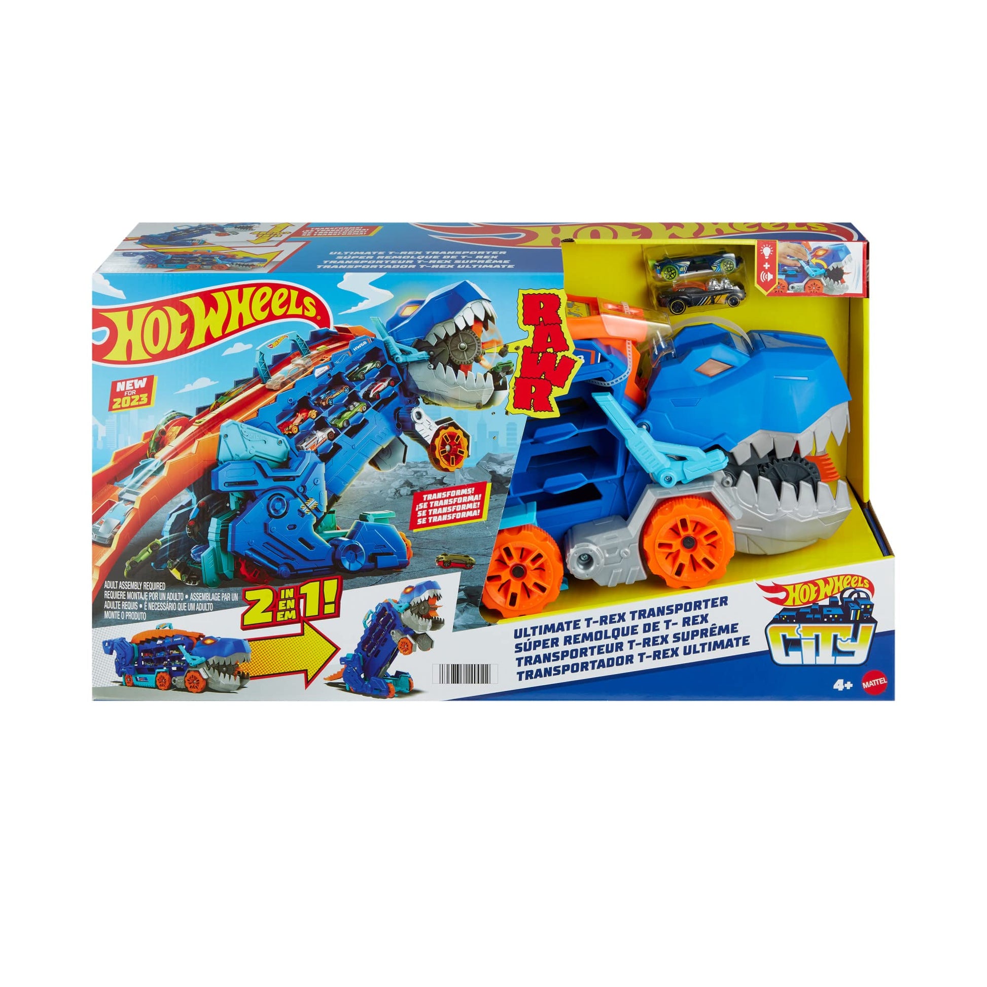 Hot Wheels City Toy Car Track Set, Ultimate T-Rex Transporter, Hauler Transforms into Stomping Dino with Race Track, from Netflix Series “Let’s Race” Hot Wheels
