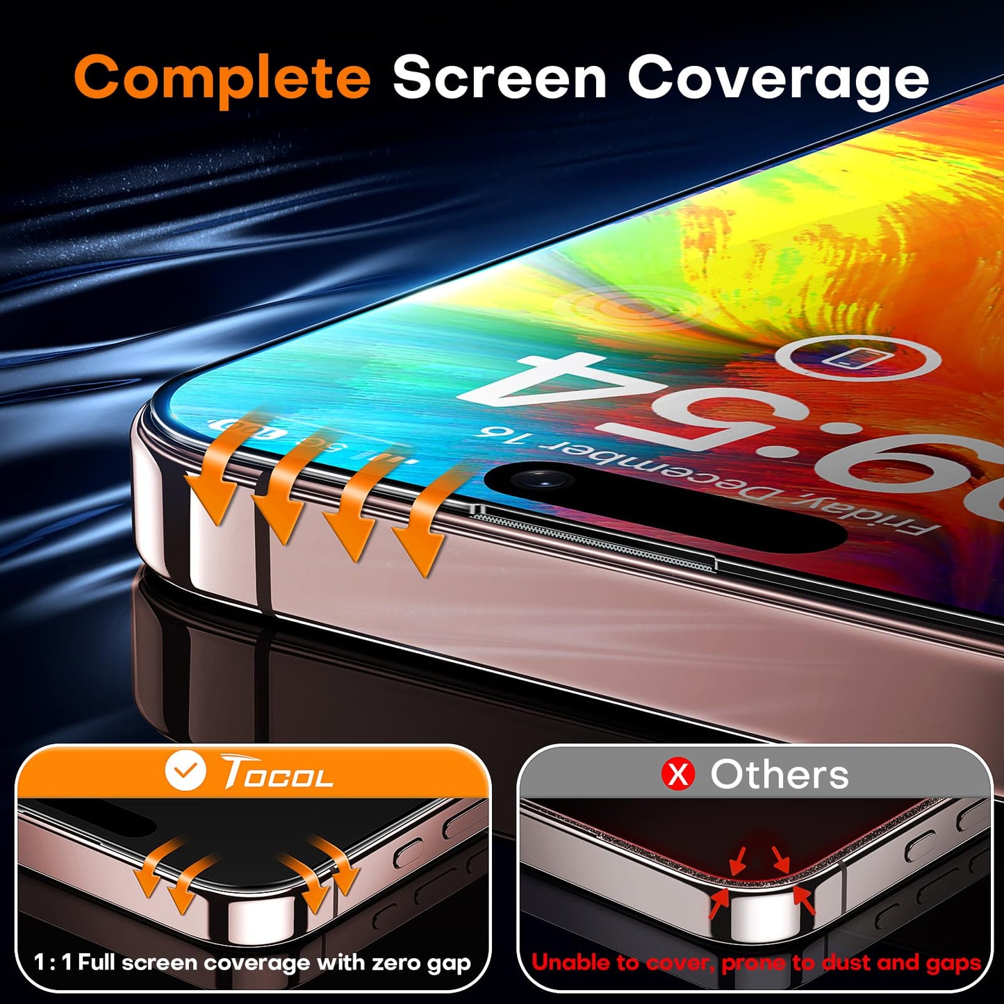 TOCOL 2 Pack for iPhone 16 Pro Screen Protector [Instant Installation][Auto-Dust Removal][HD Clear], Unbreakable 9H+Hardness Shatterproof Tempered Glass [Bubble Proof]