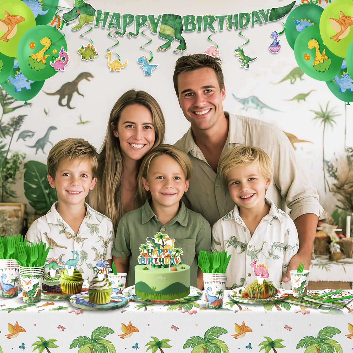 189 Pcs Dinosaur Birthday Party Supplies Set - Serves 24, Dino Decorations Kit with Banner, Balloons, Swirls, Cake Toppers, Tableware & Tablecloth for Kids' Birthday Party 🍁 All In One Marketplace Canada