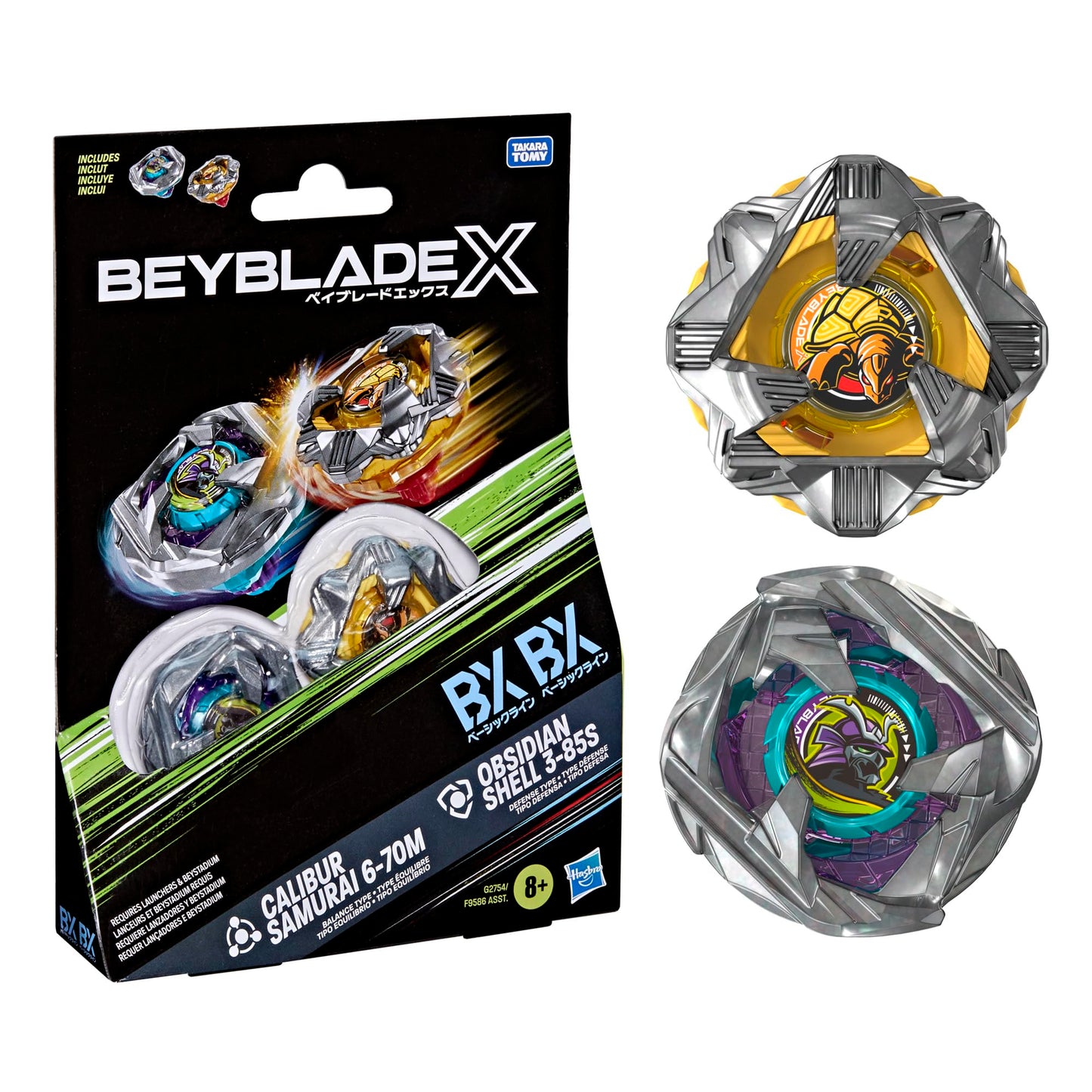 Beyblade X Calibur Samurai 6-70M BX & Obsidian Shell 3-85S BX Takara Tomy Dual Pack Set with 2 Right-Spinning Tops, Battling Tops Game Toys, Ages 8+ BEYBLADE