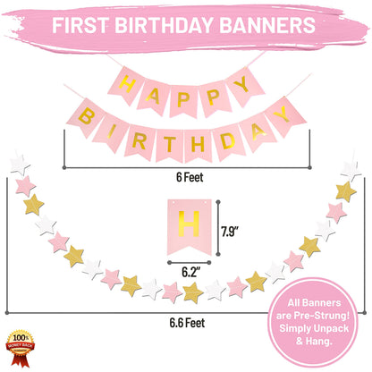 Baby Girl First Birthday Decorations - 1st Birthday Girl Decoration Pink Gold Party Supplies - Happy First Birthday Banner, Number 1 Balloon and Crown, Balloon Arch, High Chair Banner, ONE Cake Topper 🍁 All In One Marketplace Canada