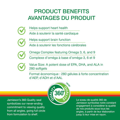 Jamieson Omega 3-6-9 Softgels, Value Size, with Fish Oil, Borage Oil, Flaxseed Oil, Providing EPA, DHA, and ALA. Supports Heart and Brain Health, 280 Count, Proudly Canadian - Available at All In One Marketplace Canada