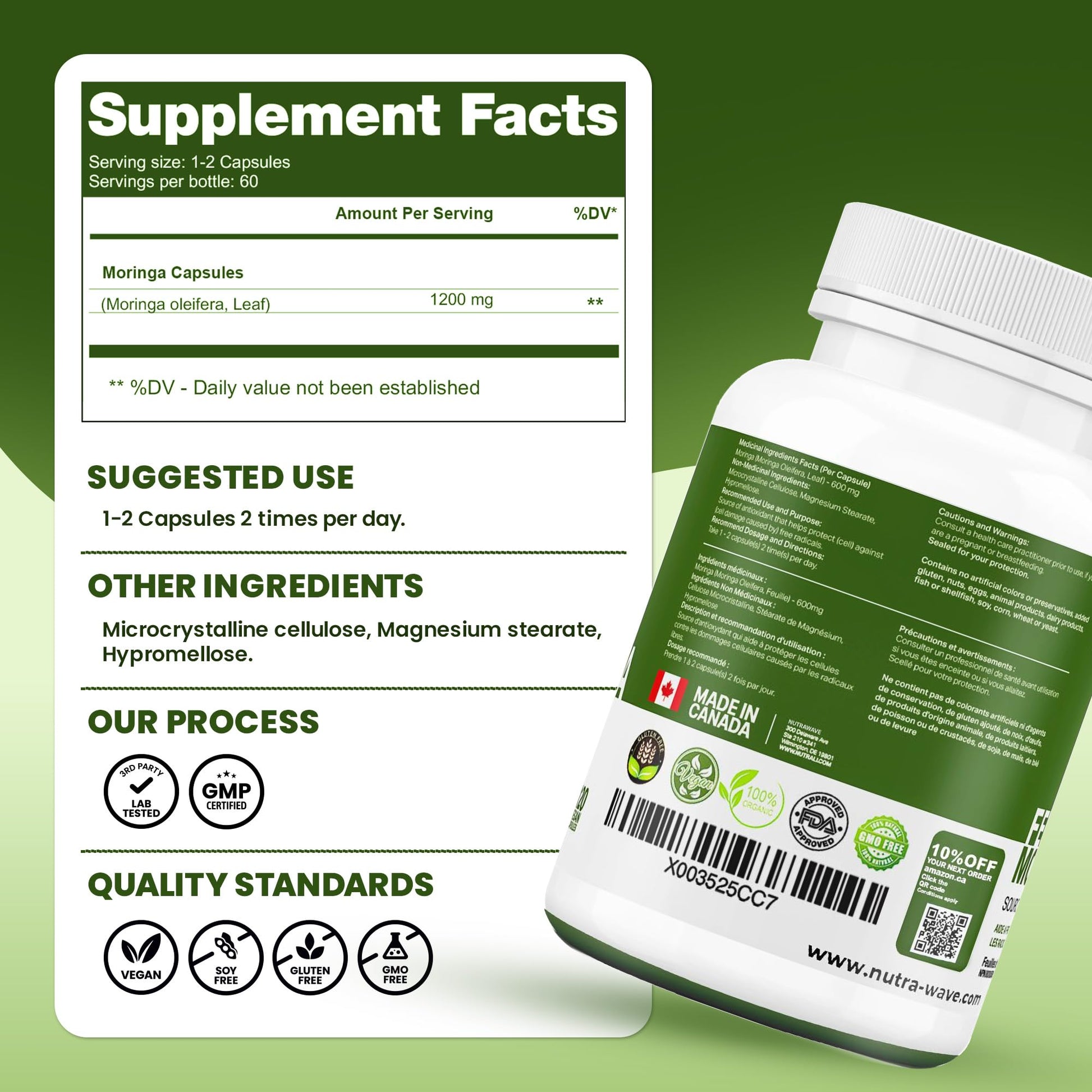 Nutrawave ORGANIC MORINGA LEAF Capsules 1200mg High Potency (2 x 600mg) – Gluten Free, Non-GMO, Vegan-Friendly Antioxidant Supplement -120 Capsules - Available at All In One Marketplace Canada