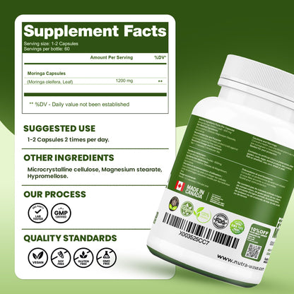 Nutrawave ORGANIC MORINGA LEAF Capsules 1200mg High Potency (2 x 600mg) – Gluten Free, Non-GMO, Vegan-Friendly Antioxidant Supplement -120 Capsules - Available at All In One Marketplace Canada