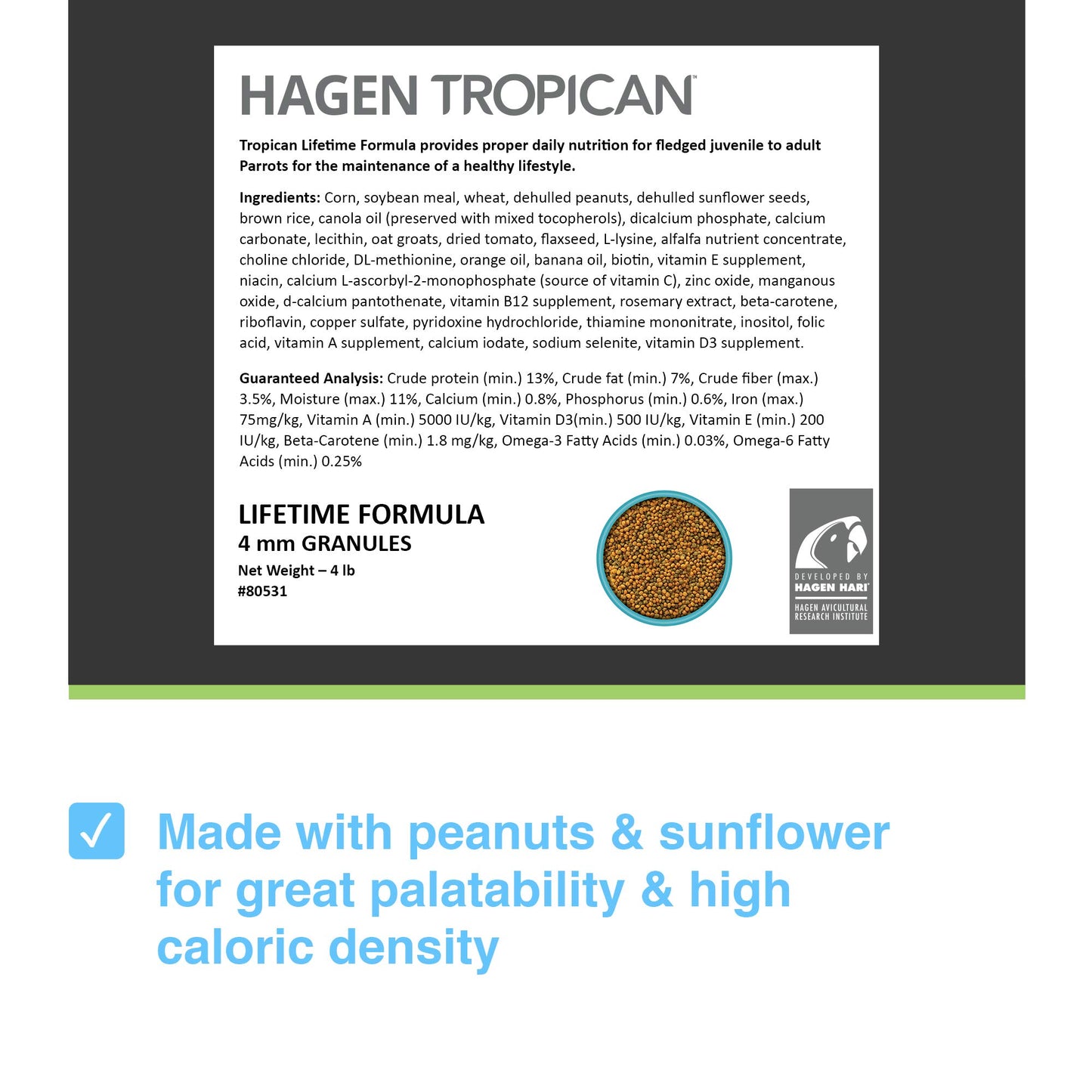 Tropican Lifetime Formula Granules for Parrots - 1.8 kg (4 lb) HARI