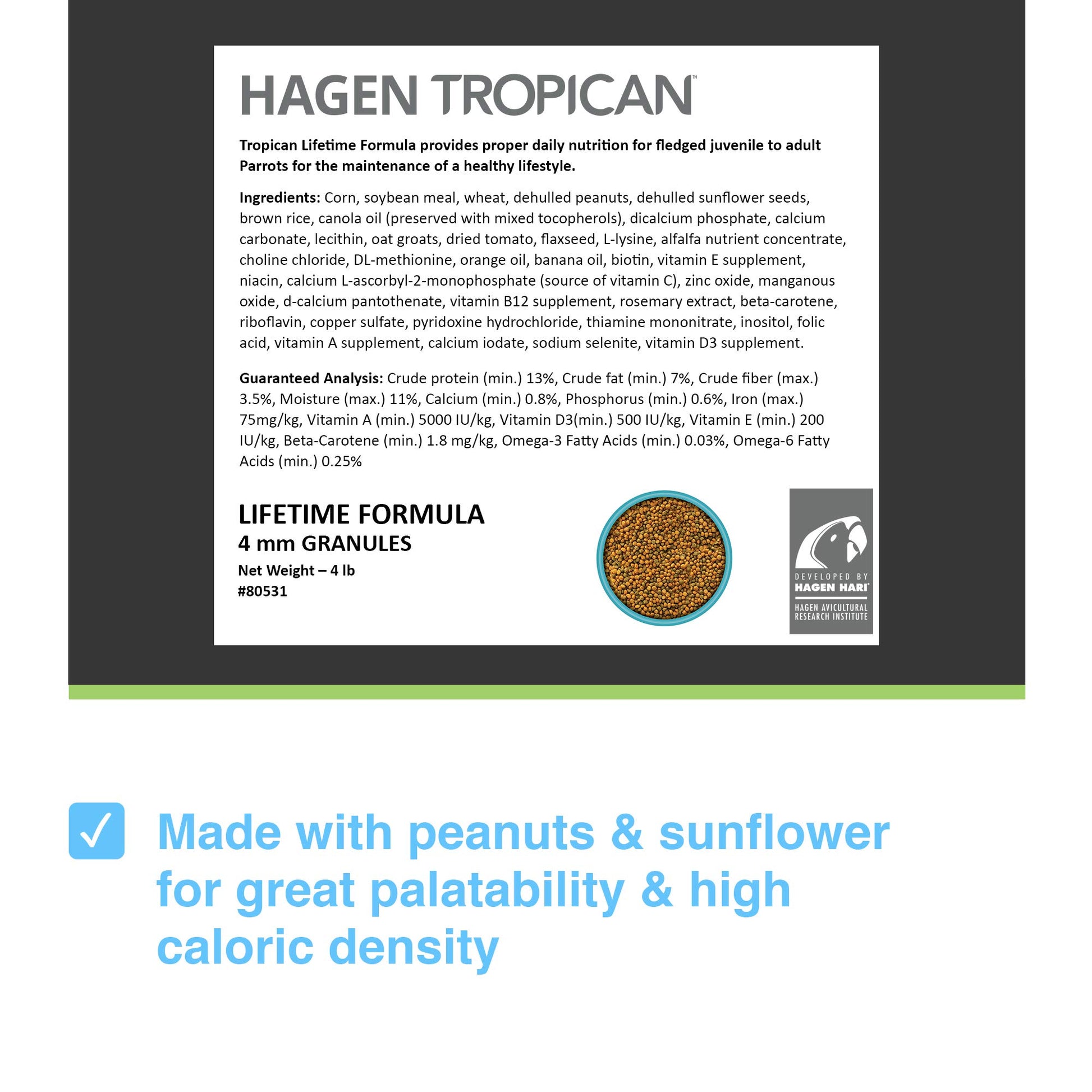 Tropican Lifetime Formula Granules for Parrots - 1.8 kg (4 lb) HARI