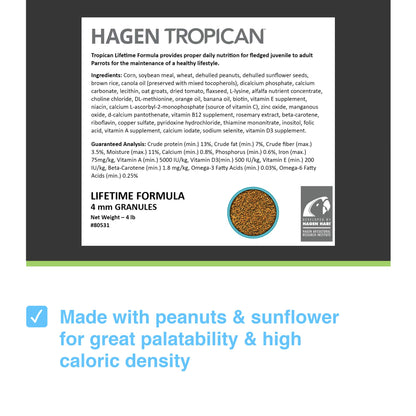 Tropican Lifetime Formula Granules for Parrots - 1.8 kg (4 lb) HARI