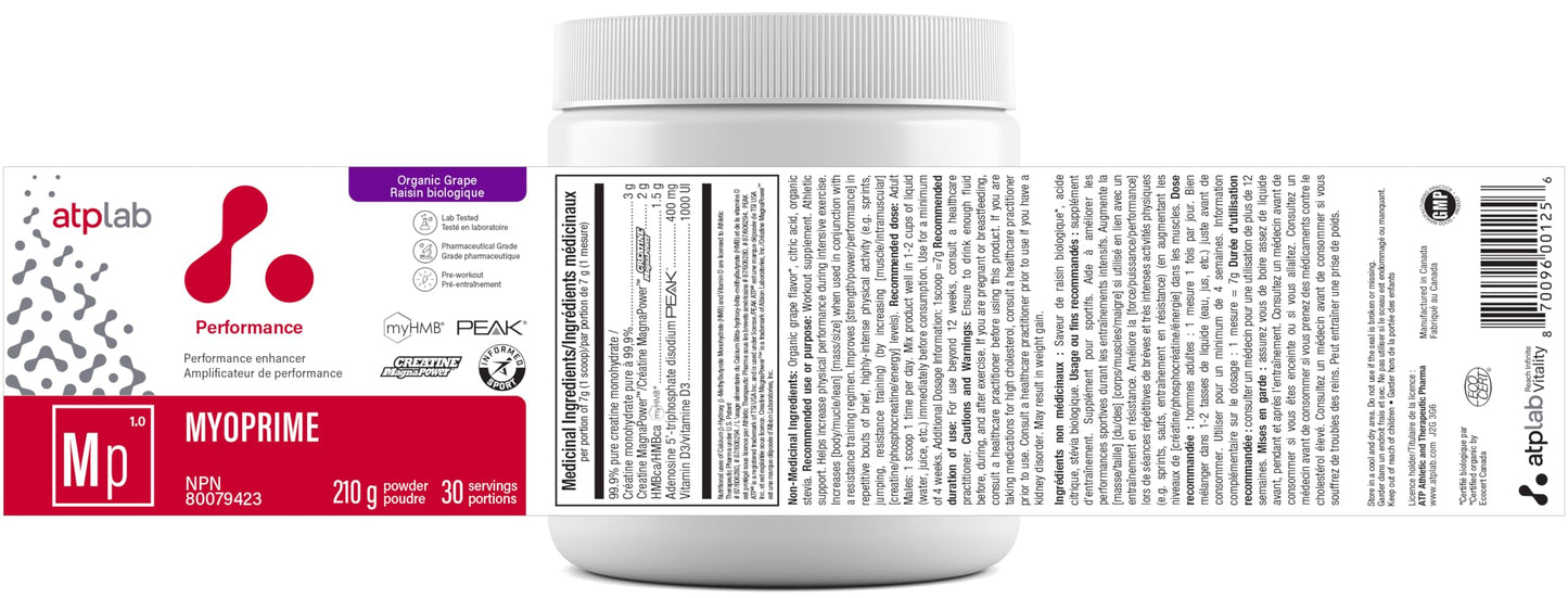 atplab Myoprime Creatine Monohydrate Powder, Creatine, Organic Grape, 210 g ATP LAB