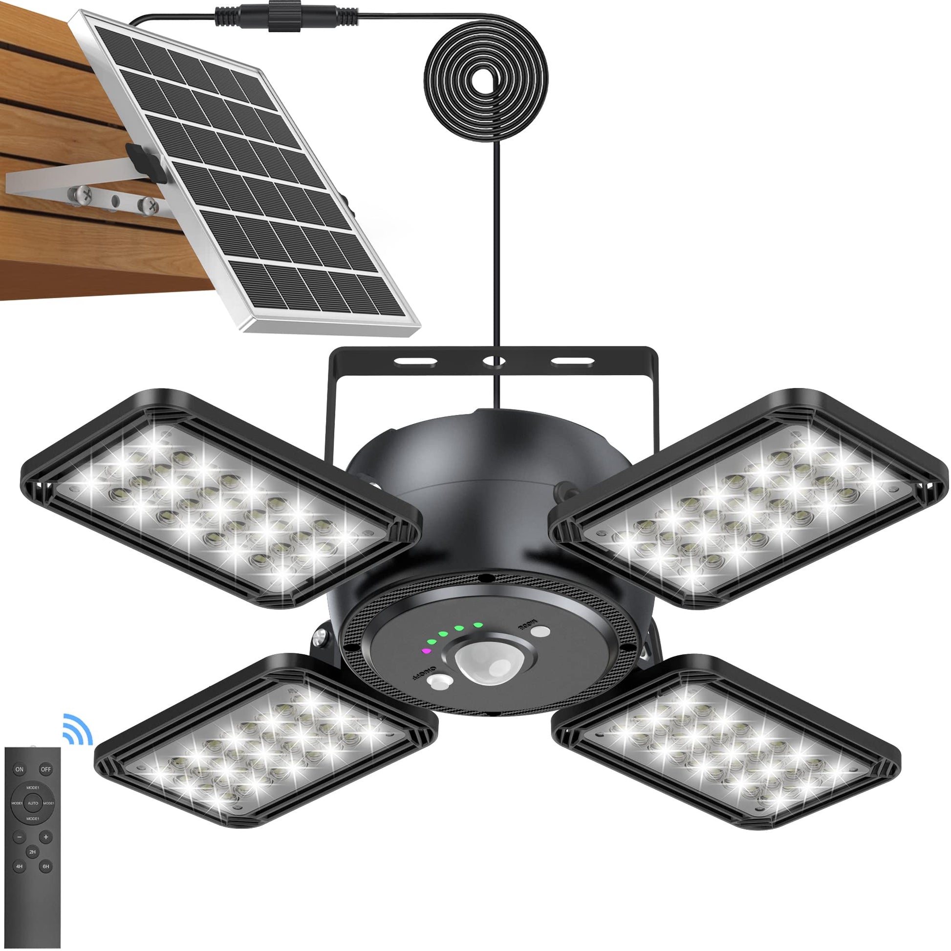 Solar Pendant Light Outdoor Indoor Solar Powered Motion Sensor Shed Light,144LED 1200LM Daytime Work Light with 5 Lighting Modes Remote Control 4 Heads Light for Garage Gazebo Barn Latband