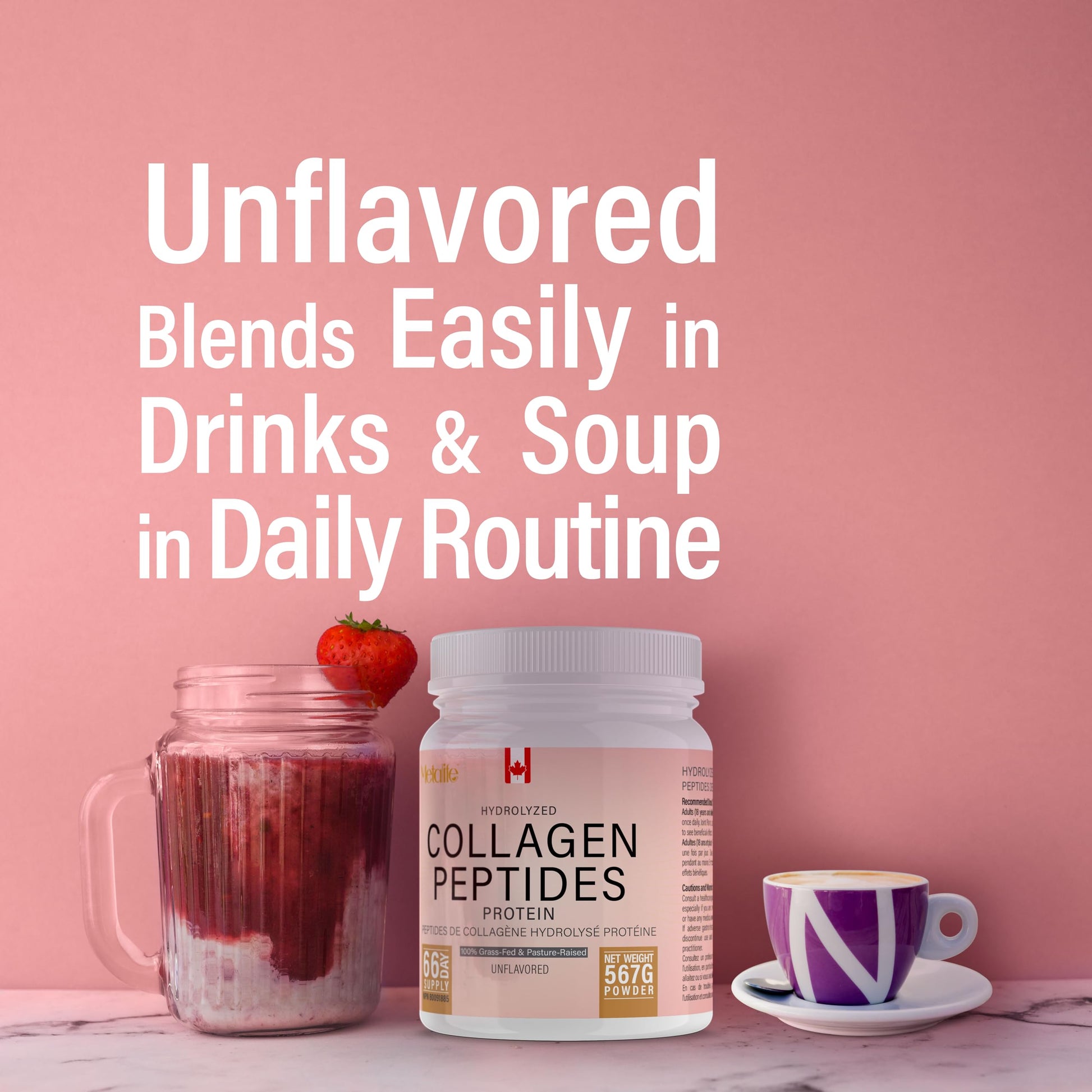 Hydrolyzed Collagen Peptides Powder (Type 1 & 3) 567g (66 Servings) – Grass-Fed Bovine, Unflavored, Made in Canada, Supports Skin, Joints, Hair & Nails - Available at All In One Marketplace Canada