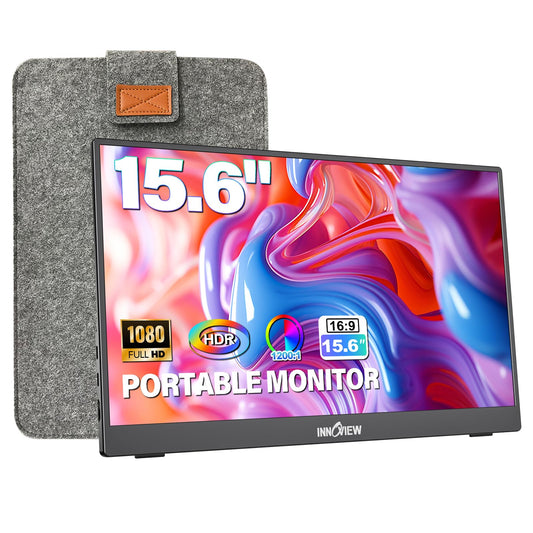 InnoView Portable Monitor 15.6" 1080P Portable Monitor for Laptop with Protective Sleeve Built-in 90° Adjustable Stand USB C HDMI Ultra-Slim Laptop Screen Extender for MacBook Phone PS Xbox Switch