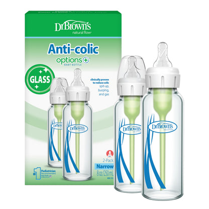Dr. Brown’s Natural Flow Anti-Colic Options+ Narrow Glass Baby Bottles, 8oz, 2-Pack