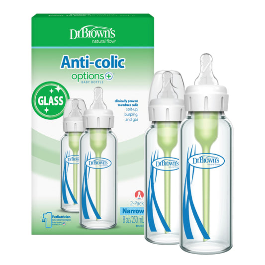 Dr. Brown’s Natural Flow Anti-Colic Options+ Narrow Glass Baby Bottles, 8oz, 2-Pack