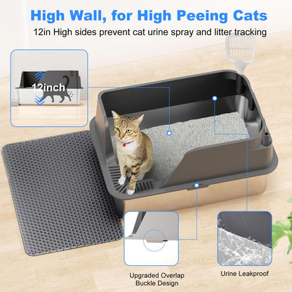 Stainless Steel Cat Litter Box with Lid, XL Litter Box for Big Cats, High Sided Metal Pan, Anti Leakage,Odor-Free & Easy Cleaning,Included Scoop &Trash Bag*2 & Mat & Sticker (Grey)