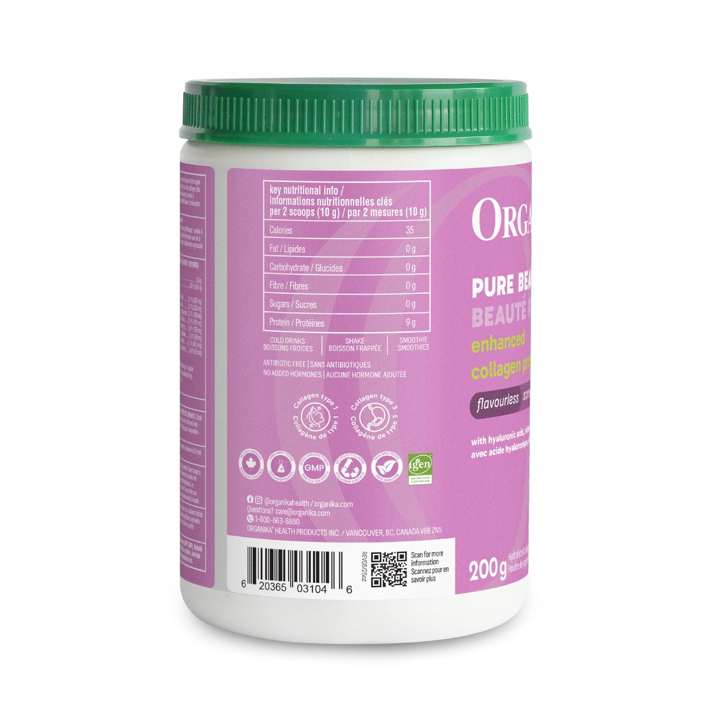 Organika Canadian-Made Enhanced Collagen Pure Beauty - Combination of Collagen, Hyaluronic Acid, Vitamin C, Zinc, and Silica- 200g Organika