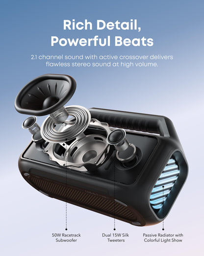 soundcore Boom 2 Outdoor Speaker, 80W, Subwoofer, BassUp 2.0, 24H Playtime, IPX7 Waterproof, Floatable, RGB Lights, USB-C, Custom EQ, Bluetooth 6.0, Portable, Camping, Beach, and Backyard-Black