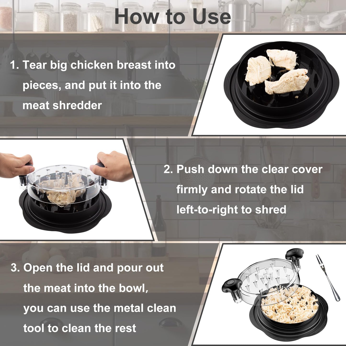 Chicken Shredder Tool Twist Large Chicken Breast Shredder with Brush&Fork, Visible Meat Shredder Machine, Strong Anti-Slip Strip, Ergonomic Handle, BPA Free, Suitable for Pork Beef Chicken (Black) - Available at All In One Marketplace Canada