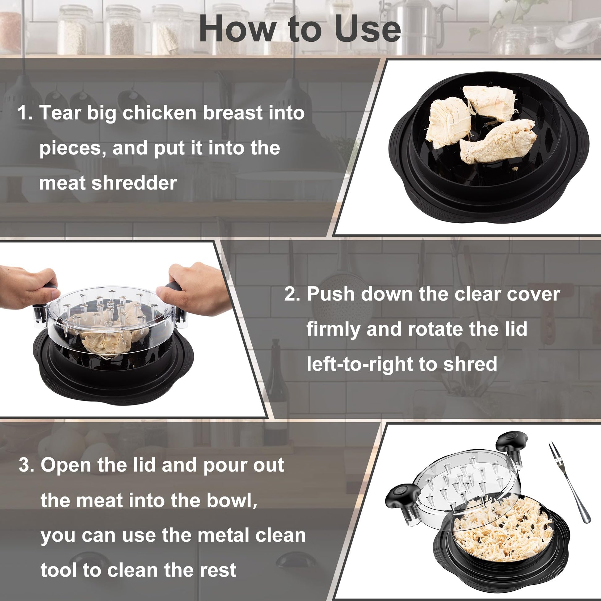Chicken Shredder Tool Twist Large Chicken Breast Shredder with Brush&Fork, Visible Meat Shredder Machine, Strong Anti-Slip Strip, Ergonomic Handle, BPA Free, Suitable for Pork Beef Chicken (Black) - Available at All In One Marketplace Canada