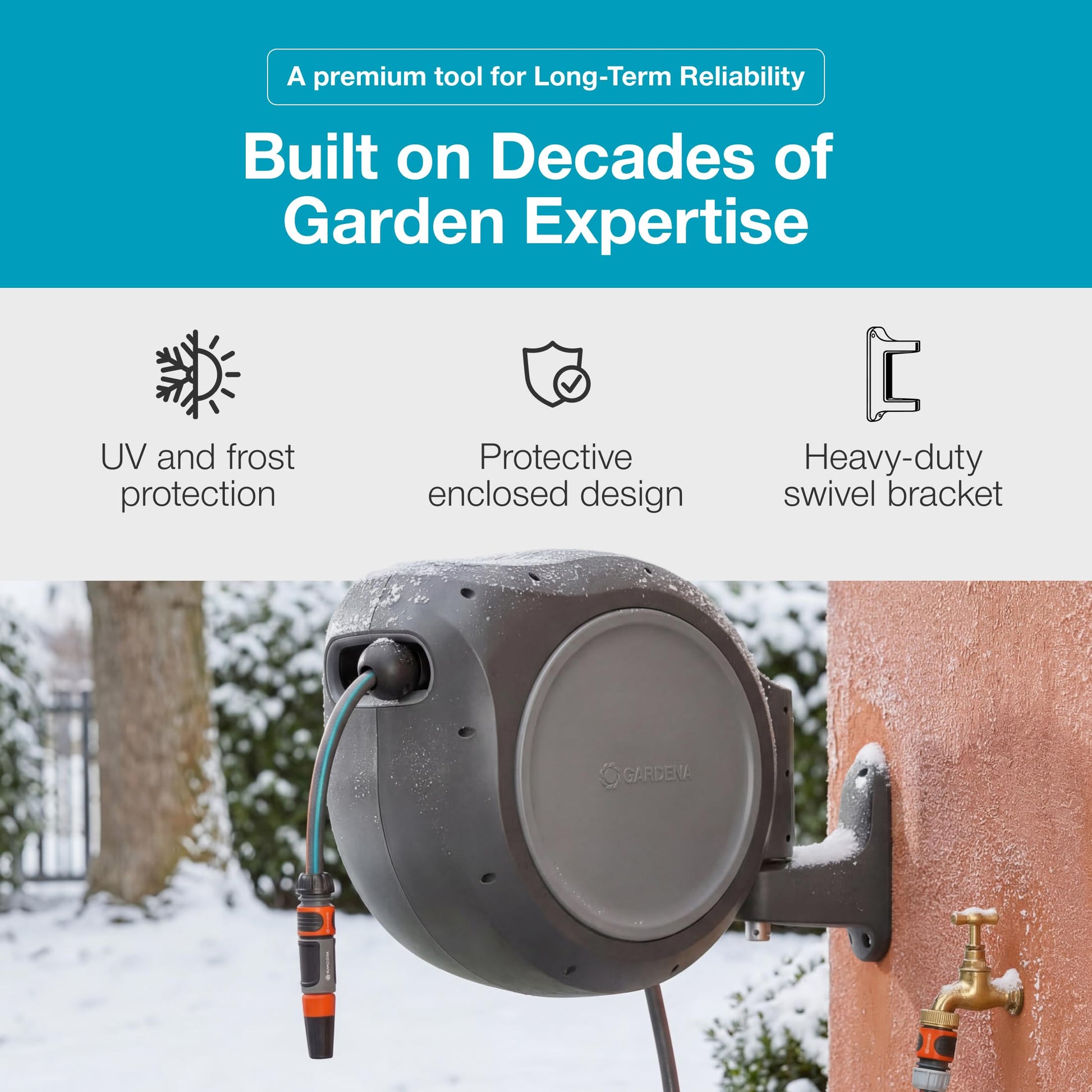 GARDENA 20505-80, 100 Foot Wall Mounted Retractable Reel with Hose Guide, Automatic retraction for Easy Watering,1/2" Hose.