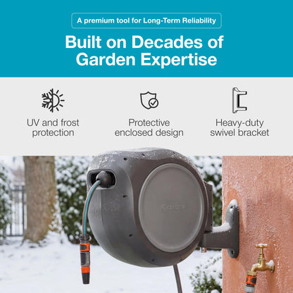 GARDENA 20505-80, 100 Foot Wall Mounted Retractable Reel with Hose Guide, Automatic retraction for Easy Watering,1/2" Hose.