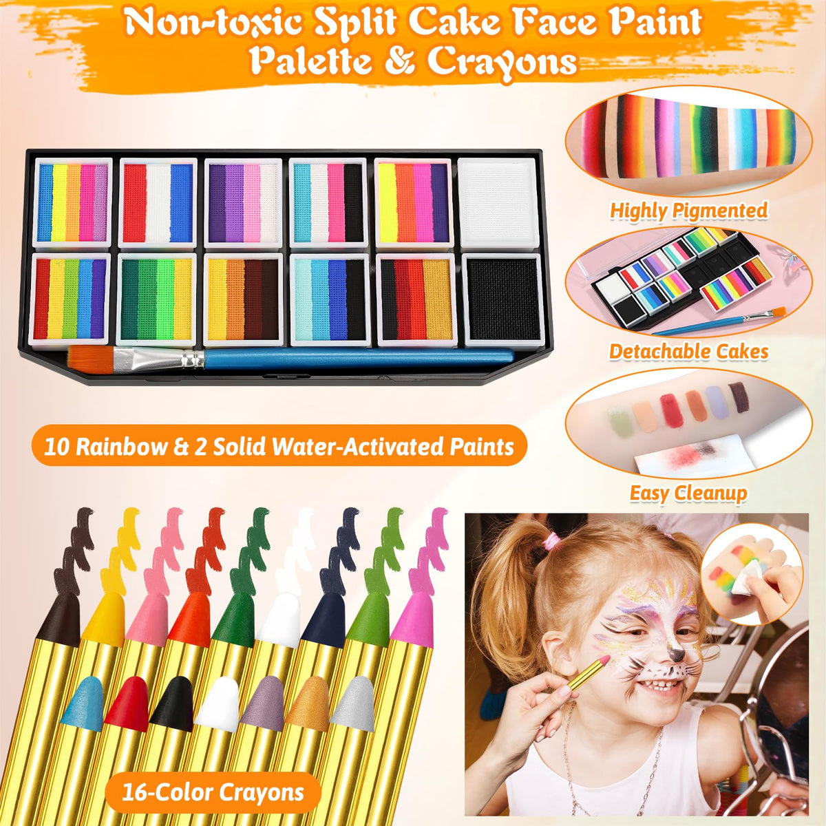 Face Painting Kit for Kid Adult, 12x10gm Split Cake FacePaint Palette WaterBased Paint With Stencil Brush Glitter Crayon, Professional Face Body Paint Set for Party Birthday Halloween Christmas Makeup 🍁 All In One Marketplace Canada