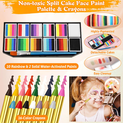 Face Painting Kit for Kid Adult, 12x10gm Split Cake FacePaint Palette WaterBased Paint With Stencil Brush Glitter Crayon, Professional Face Body Paint Set for Party Birthday Halloween Christmas Makeup 🍁 All In One Marketplace Canada