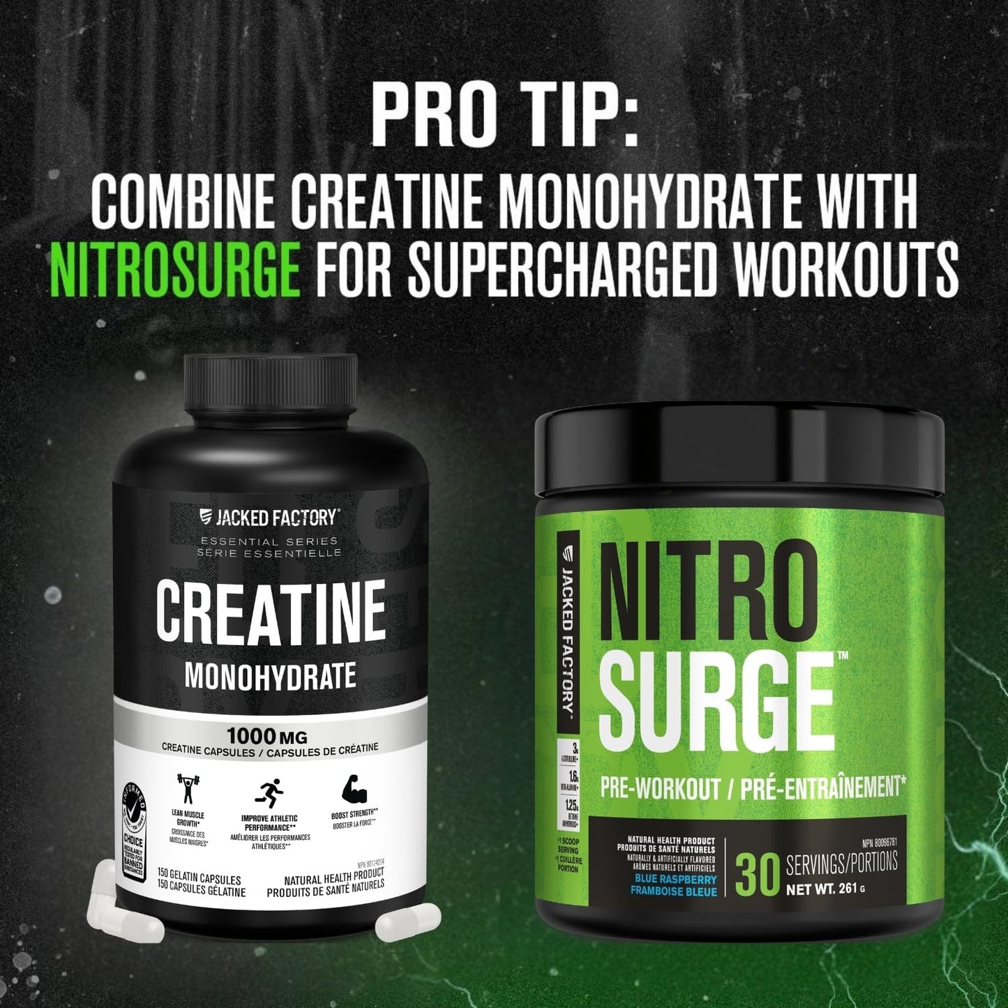 Jacked Factory Creatine Monohydrate Capsules - Canadian-Owned Supplement for Muscle Growth, Increased Strength, Enhanced Energy Output, and Improved Athletic Performance - 150 Pills